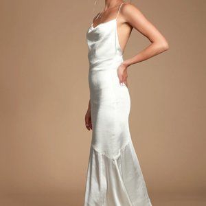 Lulus Aisle White Satin Cowl Neck Maxi Dress - NEW